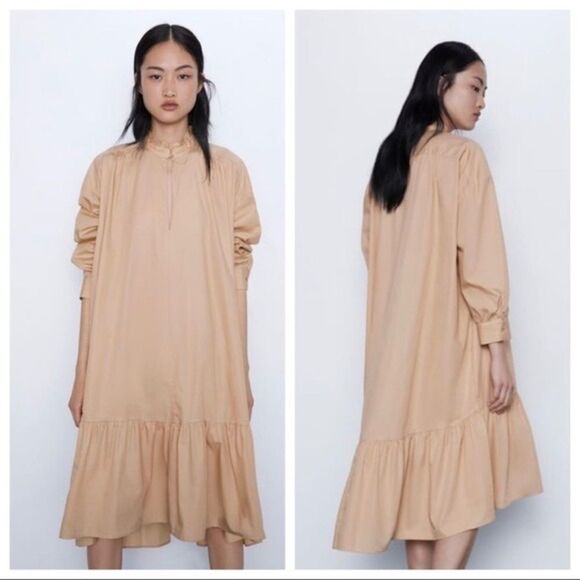 ZARA Cotton Long Sleeve Poplin Midi Dress Camel S - Picture 15 of 16